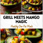 Grilled avocado halves topped with bright mango salsa on a rustic plate.